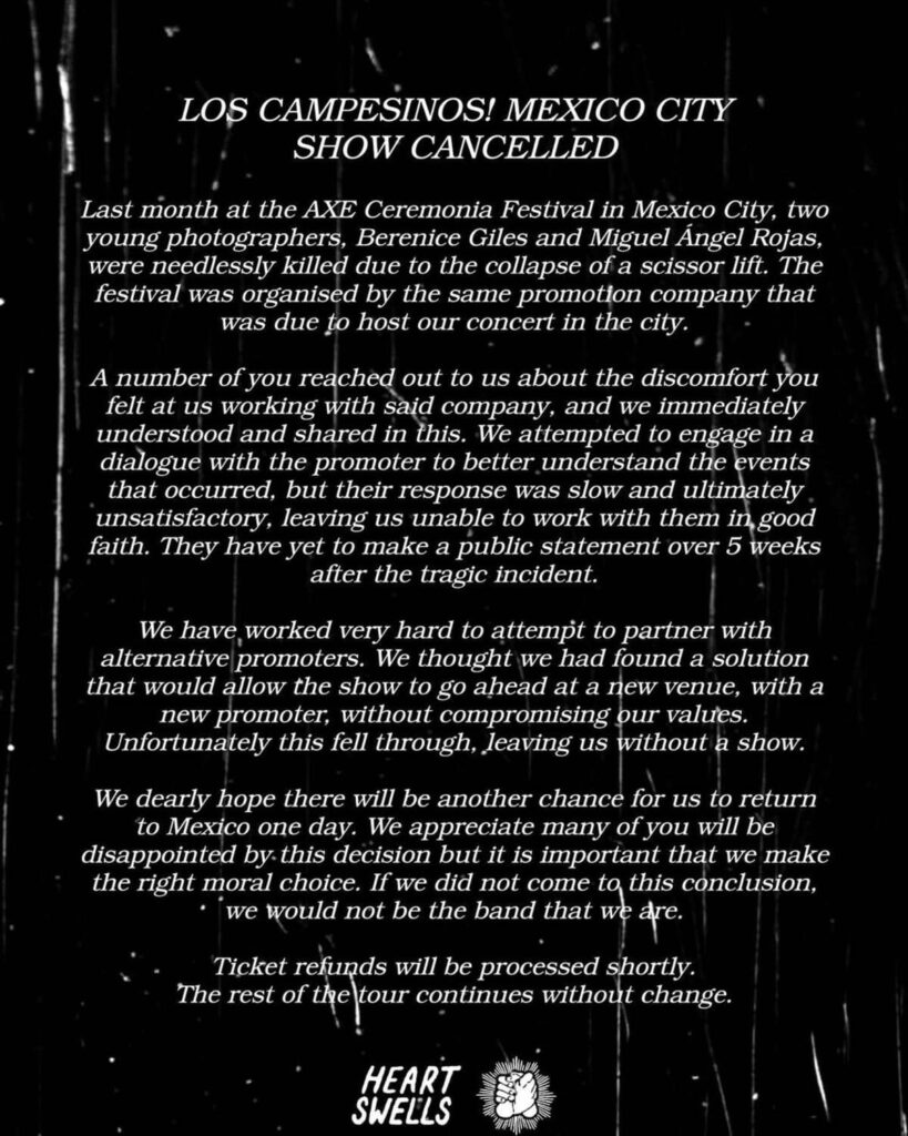 Los Campesinos revelan el motivo de la cancelación de su concierto en el Foro Puebla