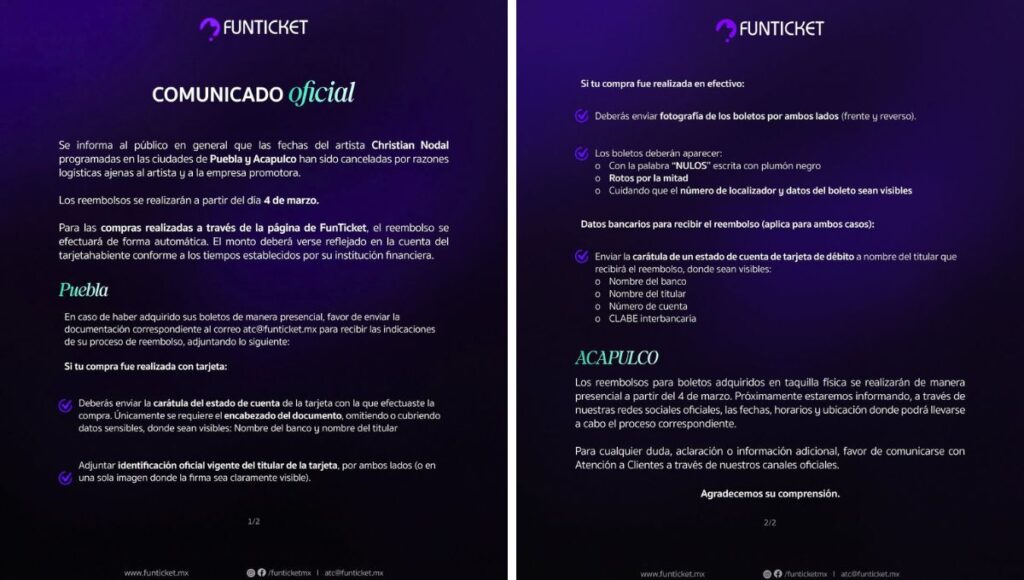 Reembolsos de Nodal en Puebla y Acapulco paso a paso