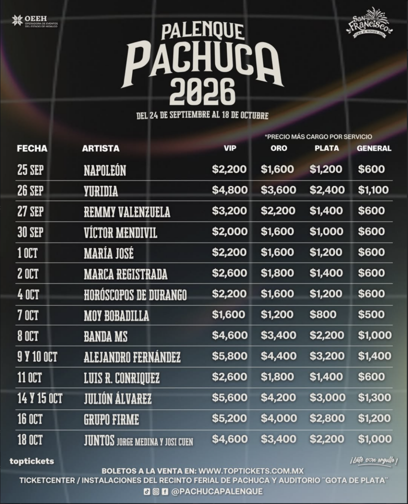 Precios por artista del Palenque de Pachuca 2026